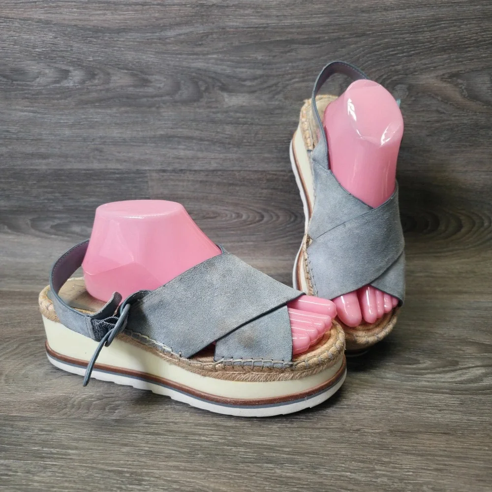 Marc Fisher Sandals Womens 9.5M Blue Leather Espadrille‎ Platform Glenna Wedge